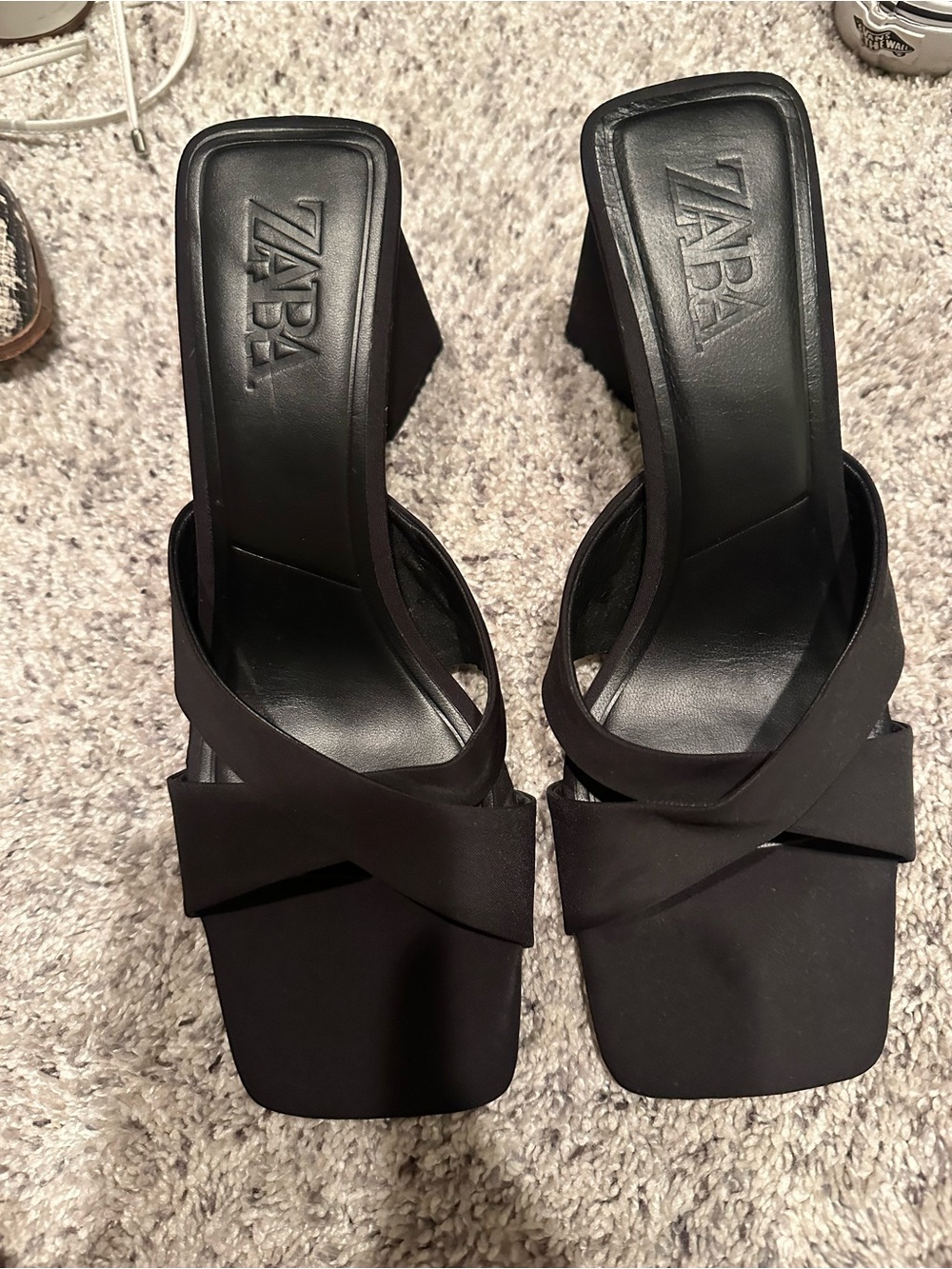 Zara Black Crisscross Square Toe Slide Heels
